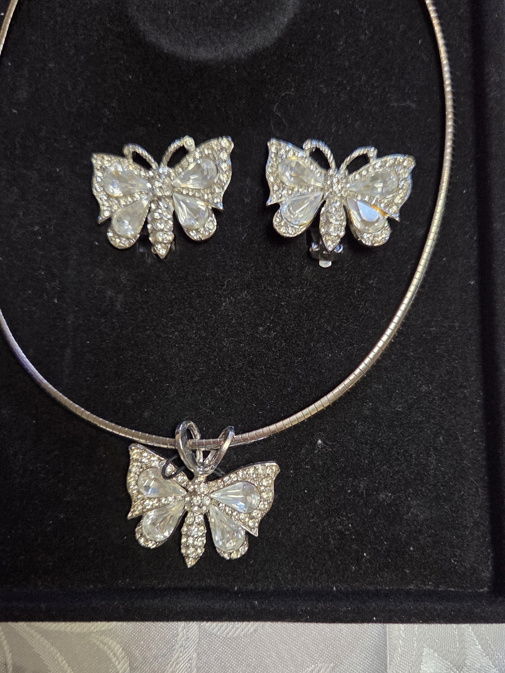 Crystal Butterfly Necklace and Clip-On Earrings - Silver With Clear Stones